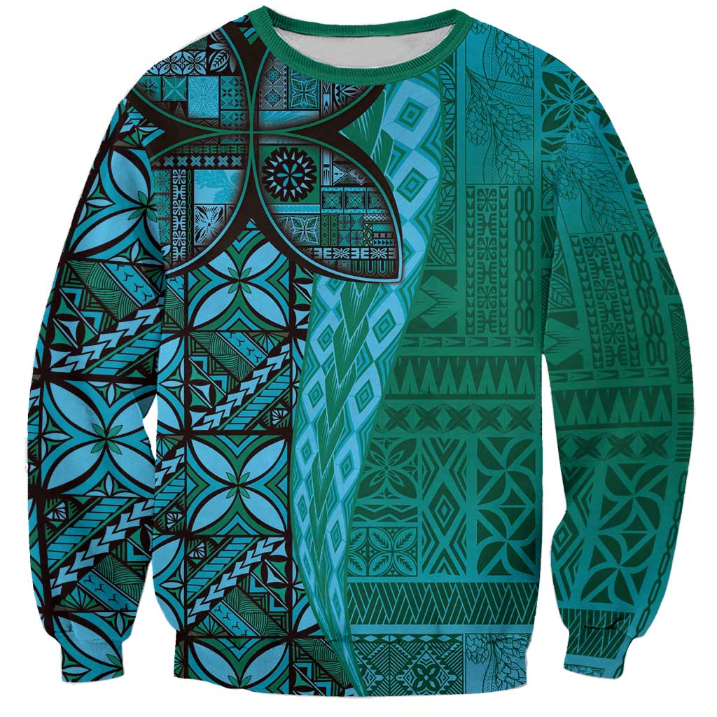 Samoan Pacific Tribal Flower Geometric Art Tattoos Sweatshirt Siapo Pattern Turquoise Tide - Polynesian Pride