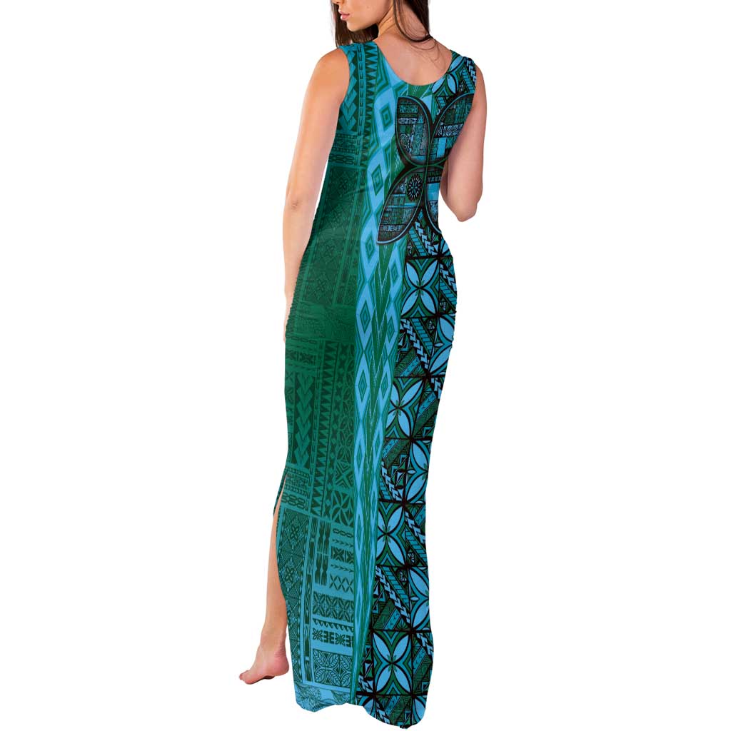 Samoan Pacific Tribal Flower Geometric Art Tattoos Tank Maxi Dress Siapo Pattern Turquoise Tide - Polynesian Pride