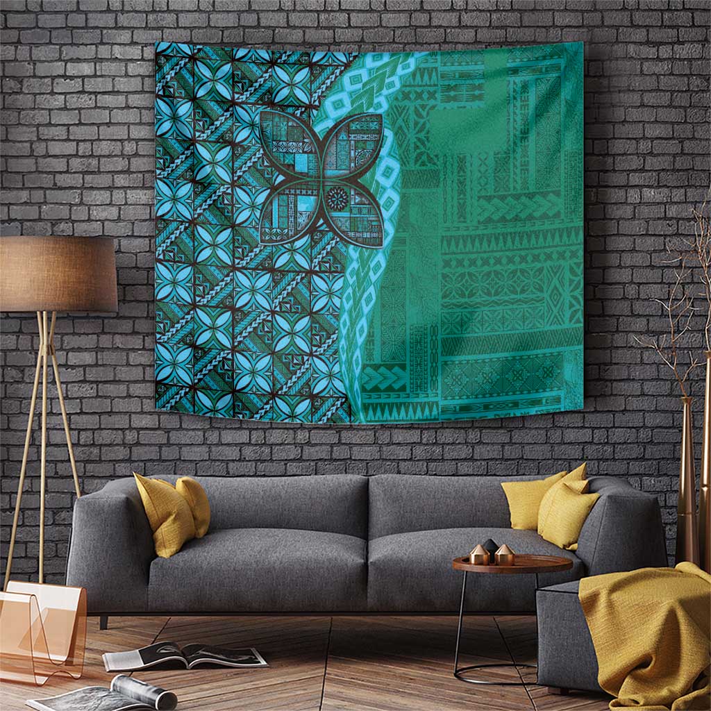 Samoan Pacific Tribal Flower Geometric Art Tattoos Tapestry Siapo Pattern Turquoise Tide - Polynesian Pride