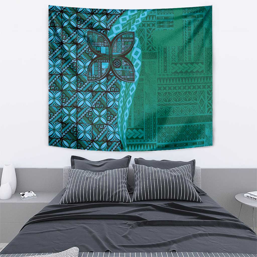 Samoan Pacific Tribal Flower Geometric Art Tattoos Tapestry Siapo Pattern Turquoise Tide - Polynesian Pride