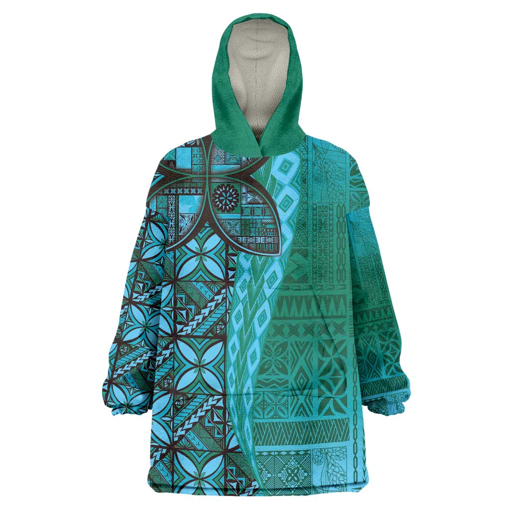 Samoan Pacific Tribal Flower Geometric Art Tattoos Wearable Blanket Hoodie Siapo Pattern Turquoise Tide - Polynesian Pride