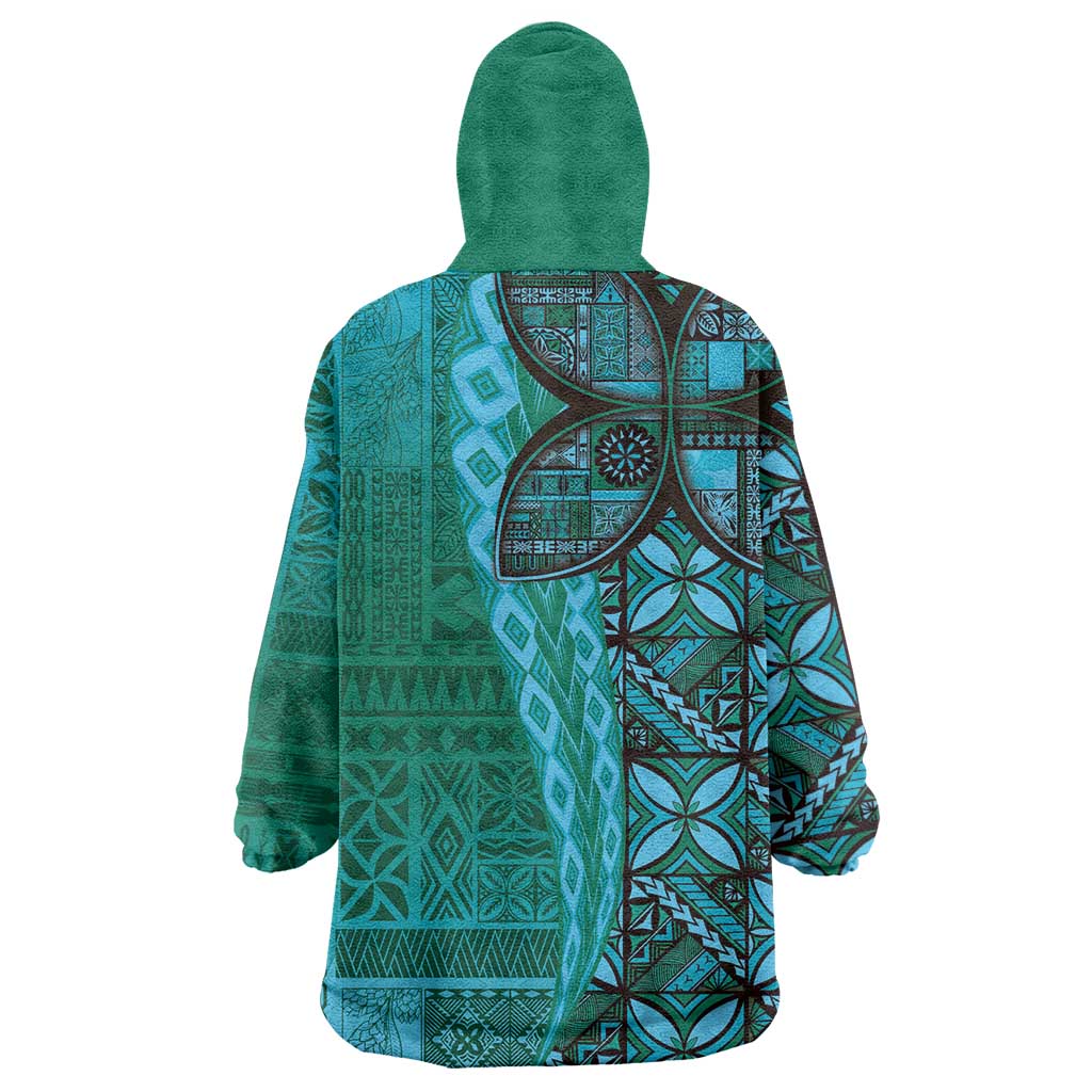 Samoan Pacific Tribal Flower Geometric Art Tattoos Wearable Blanket Hoodie Siapo Pattern Turquoise Tide - Polynesian Pride