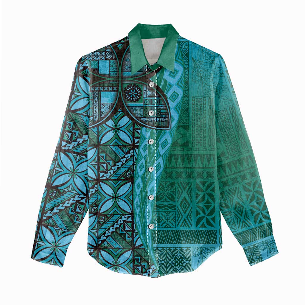 Samoan Pacific Tribal Flower Geometric Art Tattoos Women Casual Shirt Siapo Pattern Turquoise Tide - Polynesian Pride