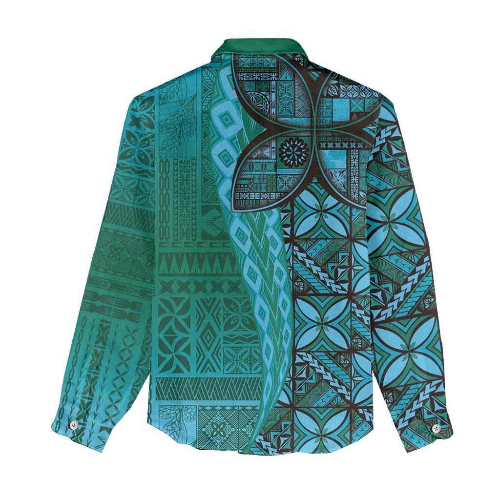 Samoan Pacific Tribal Flower Geometric Art Tattoos Women Casual Shirt Siapo Pattern Turquoise Tide - Polynesian Pride