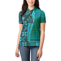 Samoan Pacific Tribal Flower Geometric Art Tattoos Women Polo Shirt Siapo Pattern Turquoise Tide - Polynesian Pride