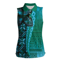 Samoan Pacific Tribal Flower Geometric Art Tattoos Women Sleeveless Polo Shirt Siapo Pattern Turquoise Tide - Polynesian Pride