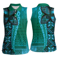 Samoan Pacific Tribal Flower Geometric Art Tattoos Women Sleeveless Polo Shirt Siapo Pattern Turquoise Tide - Polynesian Pride