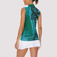 Samoan Pacific Tribal Flower Geometric Art Tattoos Women Sleeveless Polo Shirt Siapo Pattern Turquoise Tide - Polynesian Pride