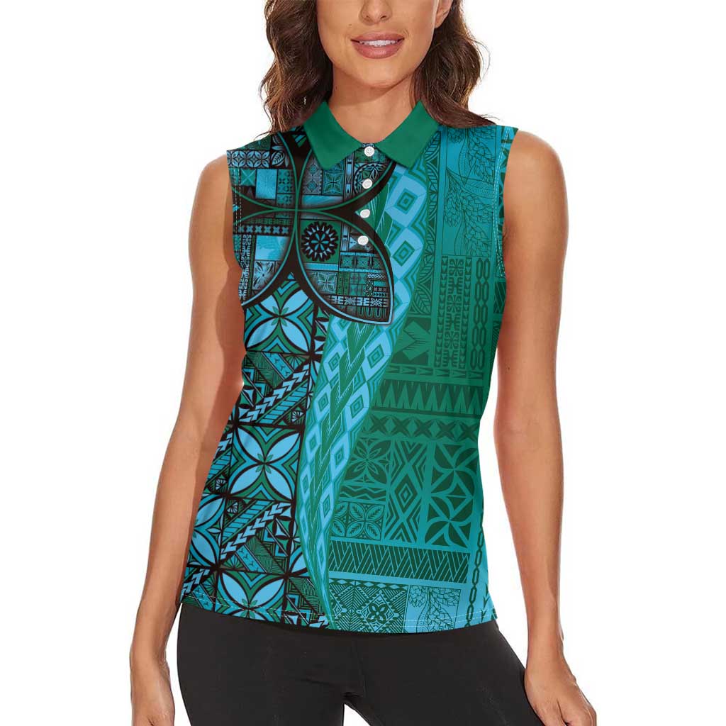 Samoan Pacific Tribal Flower Geometric Art Tattoos Women Sleeveless Polo Shirt Siapo Pattern Turquoise Tide - Polynesian Pride