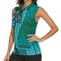 Samoan Pacific Tribal Flower Geometric Art Tattoos Women Sleeveless Polo Shirt Siapo Pattern Turquoise Tide - Polynesian Pride