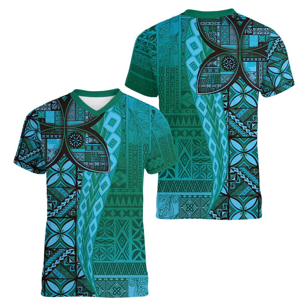 Samoan Pacific Tribal Flower Geometric Art Tattoos Women V-Neck T-Shirt Siapo Pattern Turquoise Tide - Polynesian Pride
