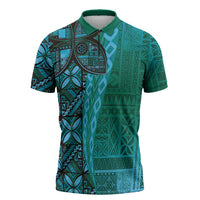 Samoan Pacific Tribal Flower Geometric Art Tattoos Zipper Polo Shirt Siapo Pattern Turquoise Tide - Polynesian Pride