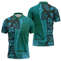 Samoan Pacific Tribal Flower Geometric Art Tattoos Zipper Polo Shirt Siapo Pattern Turquoise Tide - Polynesian Pride
