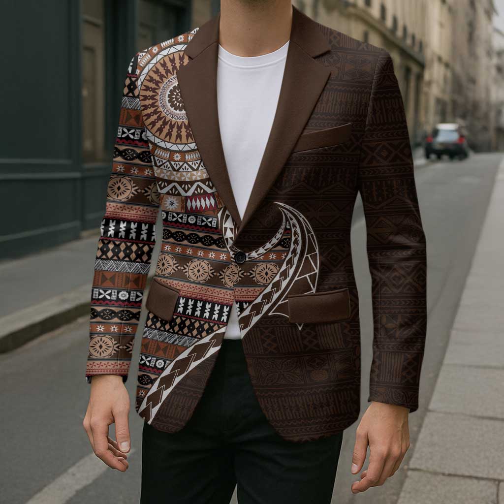 Fijian Masi Tribal Tattoos Art Pattern Blazer Brown Color Half Style - Polynesian Pride