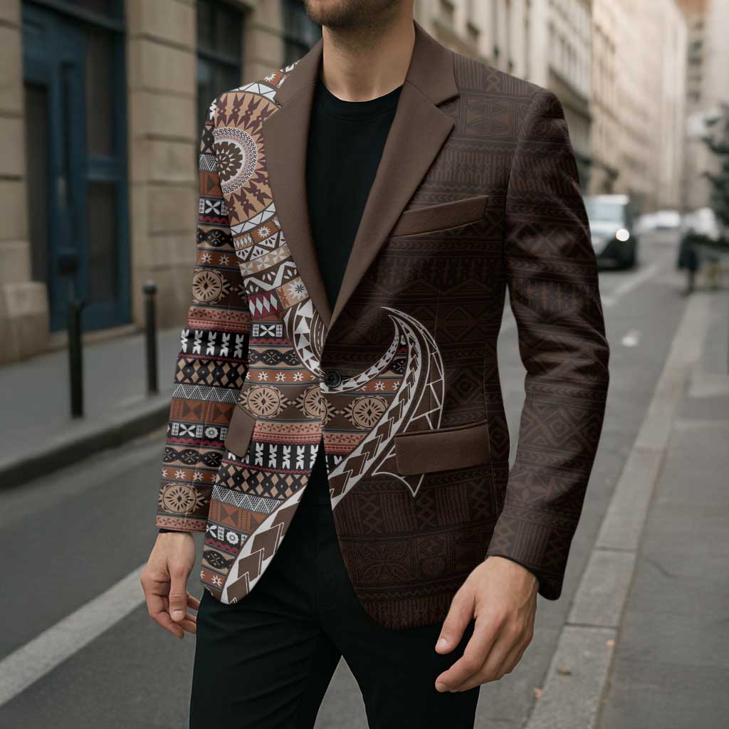 Fijian Masi Tribal Tattoos Art Pattern Blazer Brown Color Half Style - Polynesian Pride