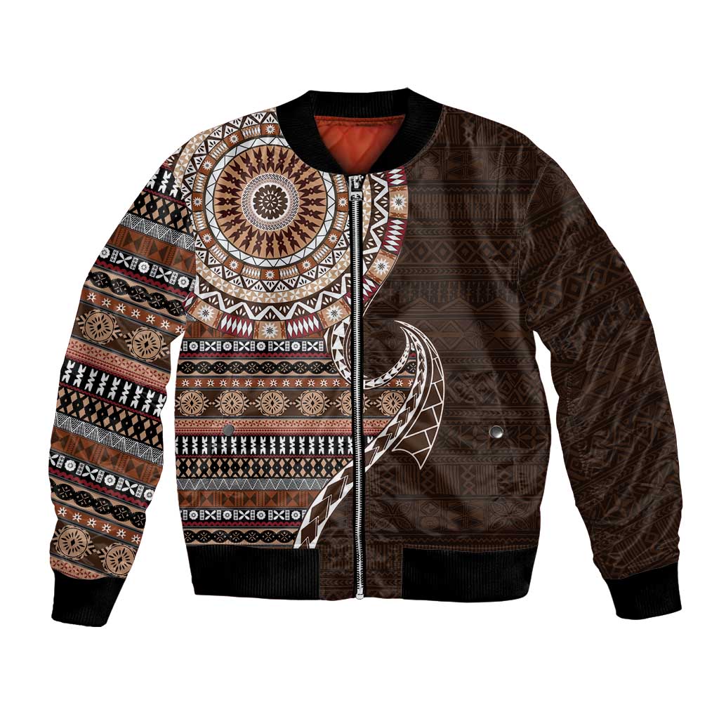 Fijian Masi Tribal Tattoos Art Pattern Bomber Jacket Brown Color Half Style - Polynesian Pride