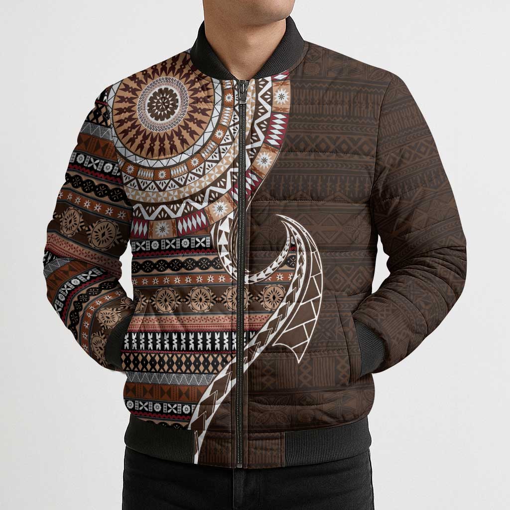 Fijian Masi Tribal Tattoos Art Pattern Bomber Puffer Jacket Brown Color Half Style - Polynesian Pride