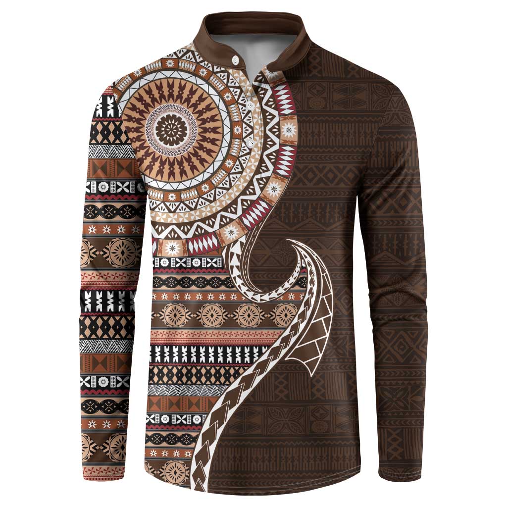 Fijian Masi Tribal Tattoos Art Pattern Button Sweatshirt Brown Color Half Style - Polynesian Pride