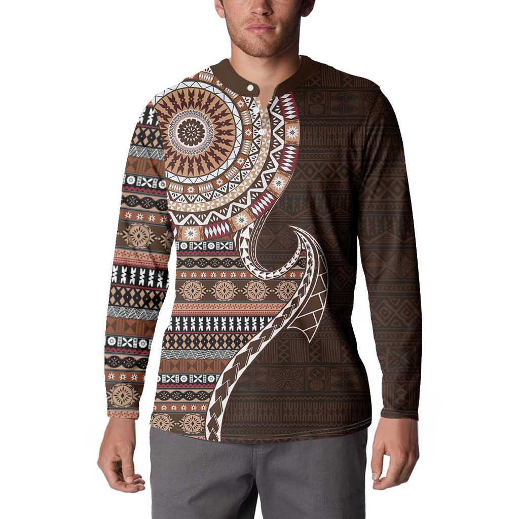 Fijian Masi Tribal Tattoos Art Pattern Button Sweatshirt Brown Color Half Style - Polynesian Pride