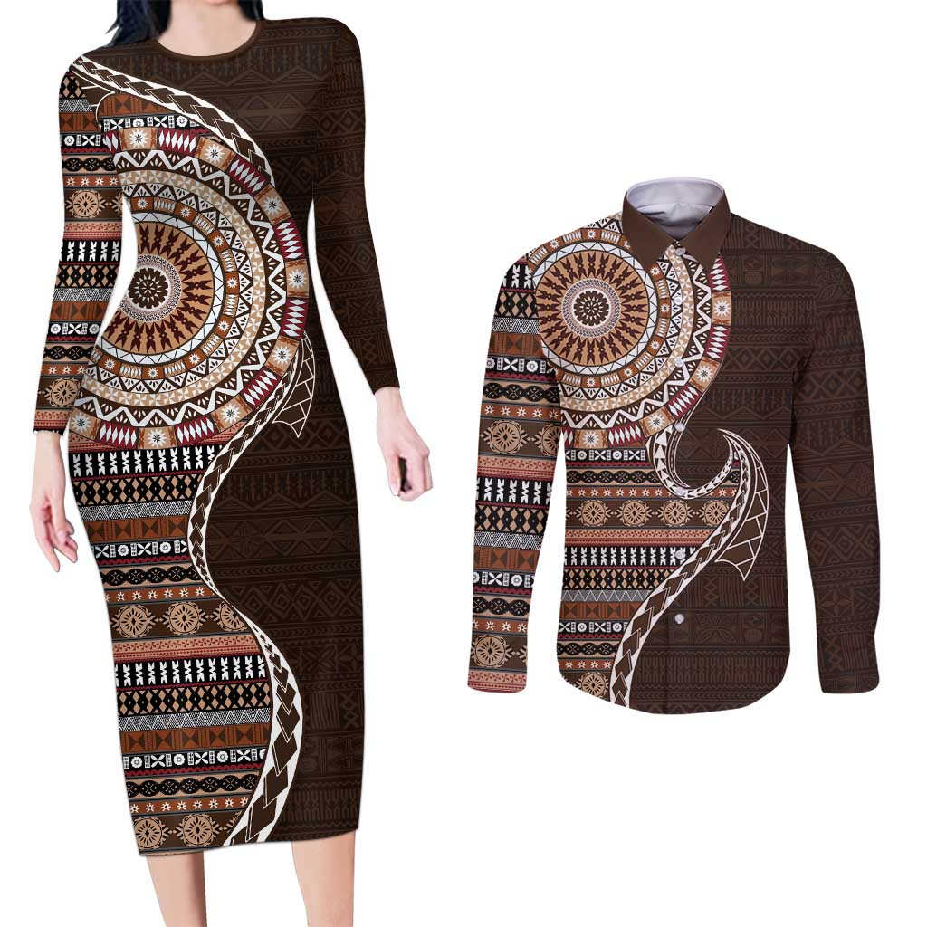 Fijian Masi Tribal Tattoos Art Pattern Couples Matching Long Sleeve Bodycon Dress and Long Sleeve Button Shirt Brown Color Half Style - Polynesian Pride
