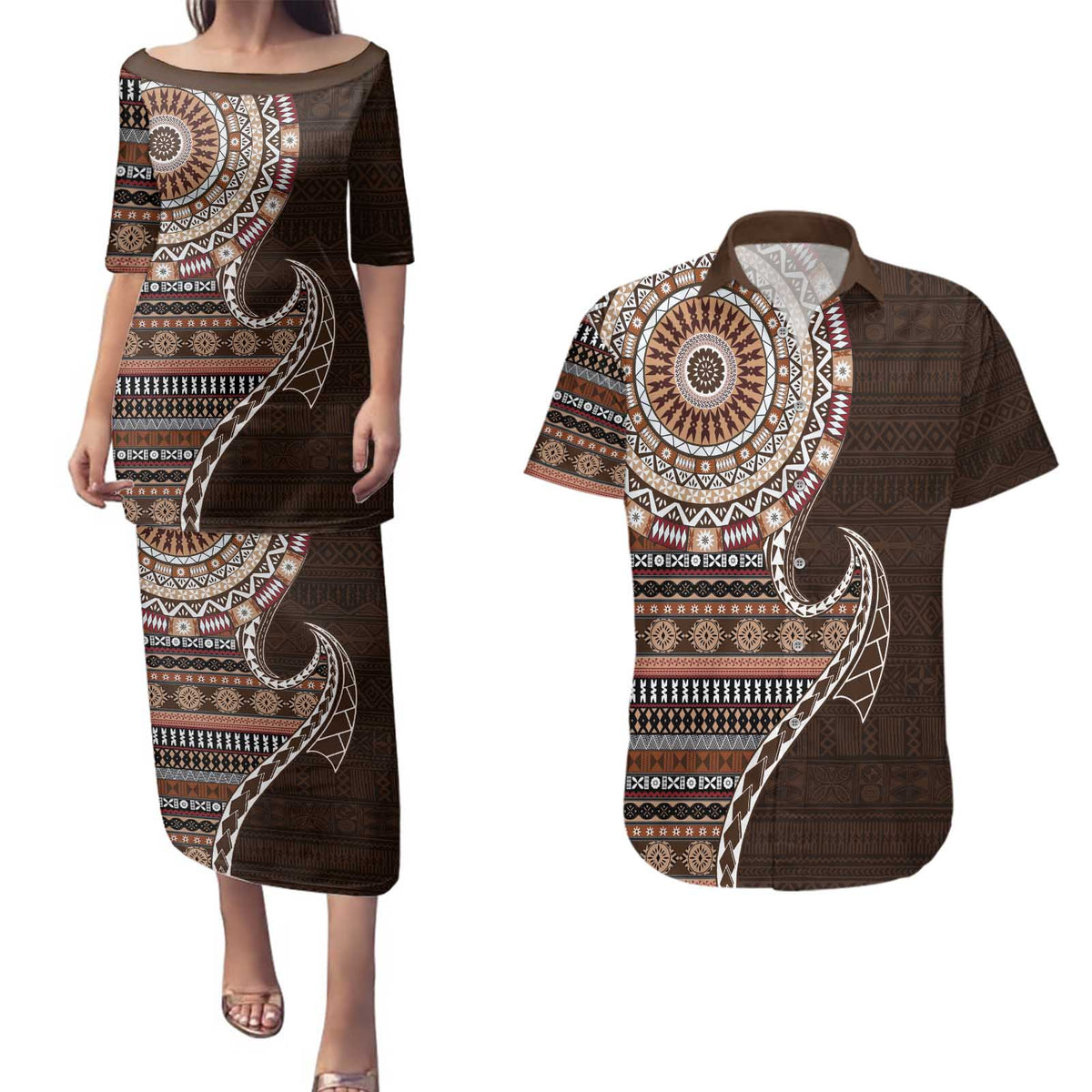 Fijian Masi Tribal Tattoos Art Pattern Couples Matching Puletasi and Hawaiian Shirt Brown Color Half Style - Polynesian Pride