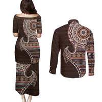 Fijian Masi Tribal Tattoos Art Pattern Couples Matching Puletasi and Long Sleeve Button Shirt Brown Color Half Style - Polynesian Pride