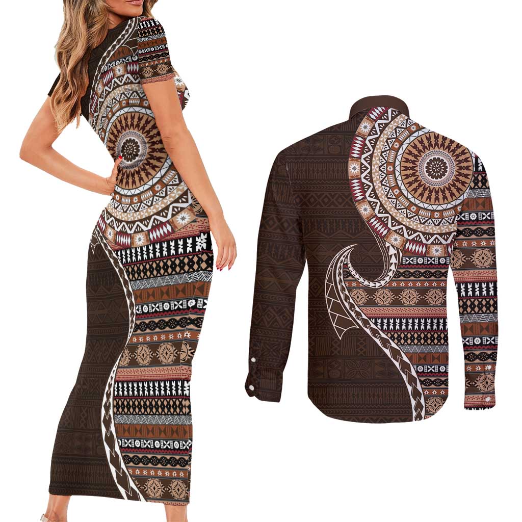 Fijian Masi Tribal Tattoos Art Pattern Couples Matching Short Sleeve Bodycon Dress and Long Sleeve Button Shirt Brown Color Half Style - Polynesian Pride