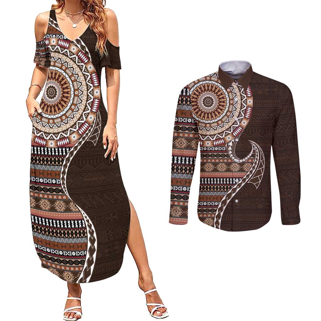 Fijian Masi Tribal Tattoos Art Pattern Couples Matching Summer Maxi Dress and Long Sleeve Button Shirt Brown Color Half Style - Polynesian Pride