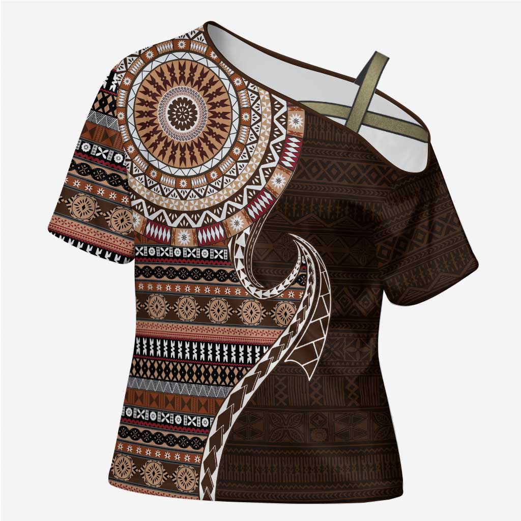 Fijian Masi Tribal Tattoos Art Pattern Cross Shoulder Shirt Brown Color Half Style - Polynesian Pride