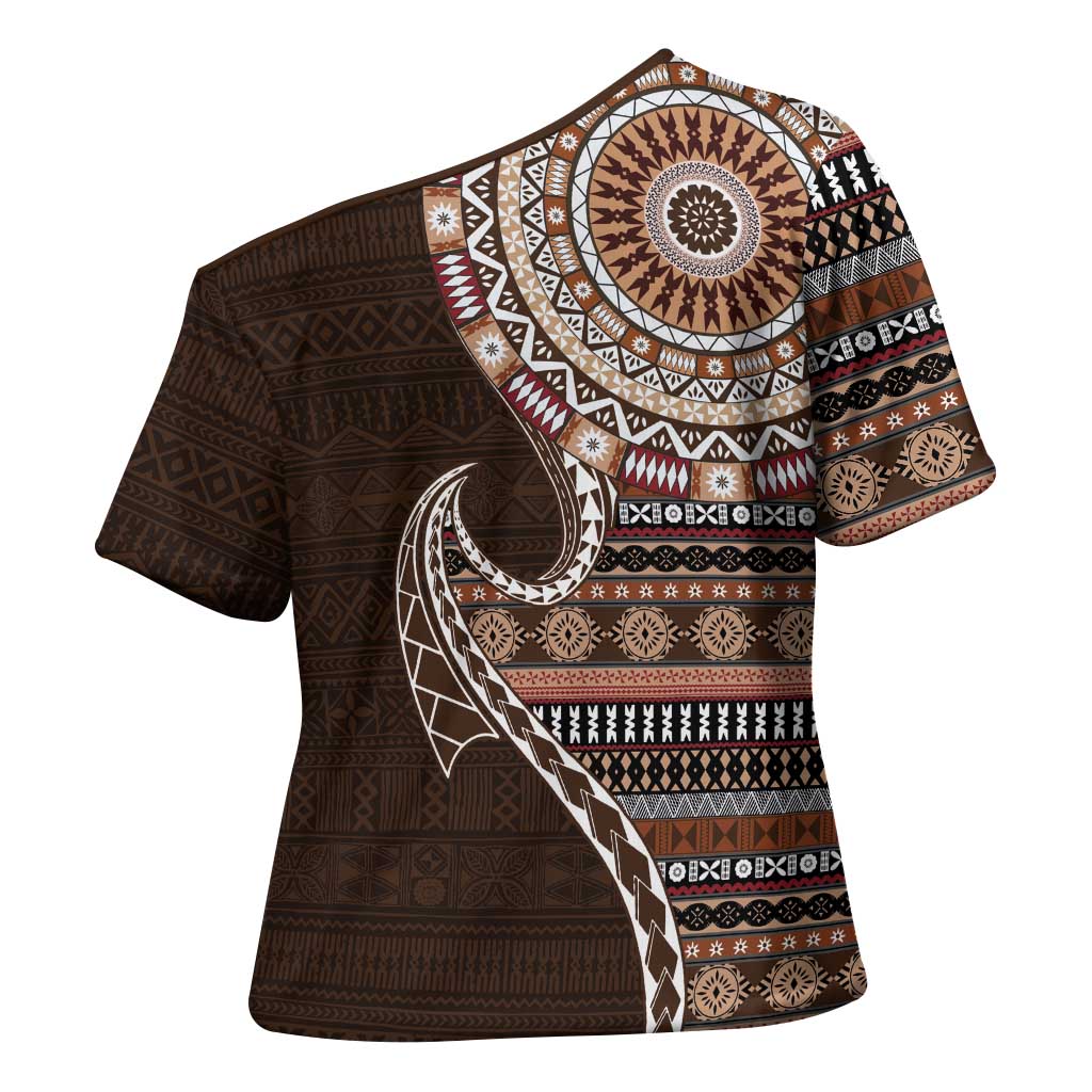 Fijian Masi Tribal Tattoos Art Pattern Cross Shoulder Shirt Brown Color Half Style - Polynesian Pride