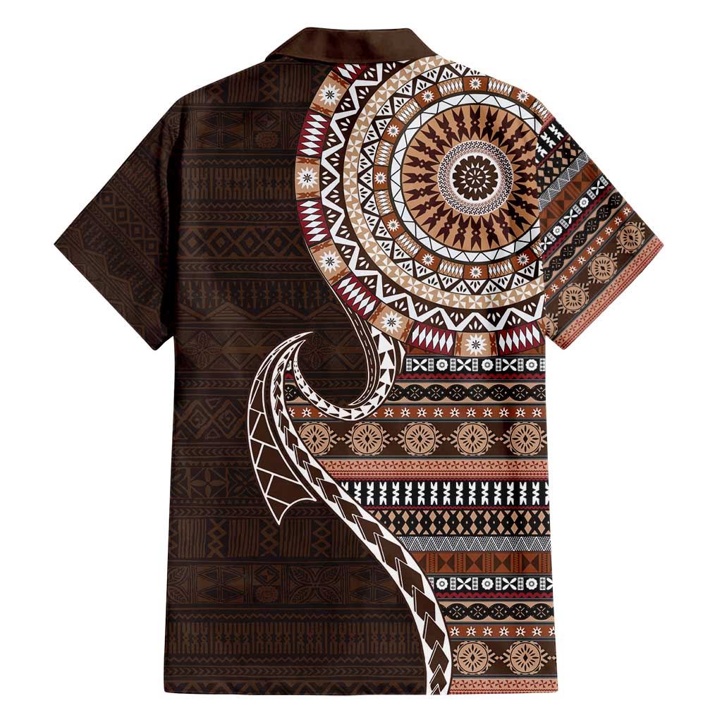 Fijian Masi Tribal Tattoos Art Pattern Family Matching Long Sleeve Bodycon Dress and Hawaiian Shirt Brown Color Half Style - Polynesian Pride