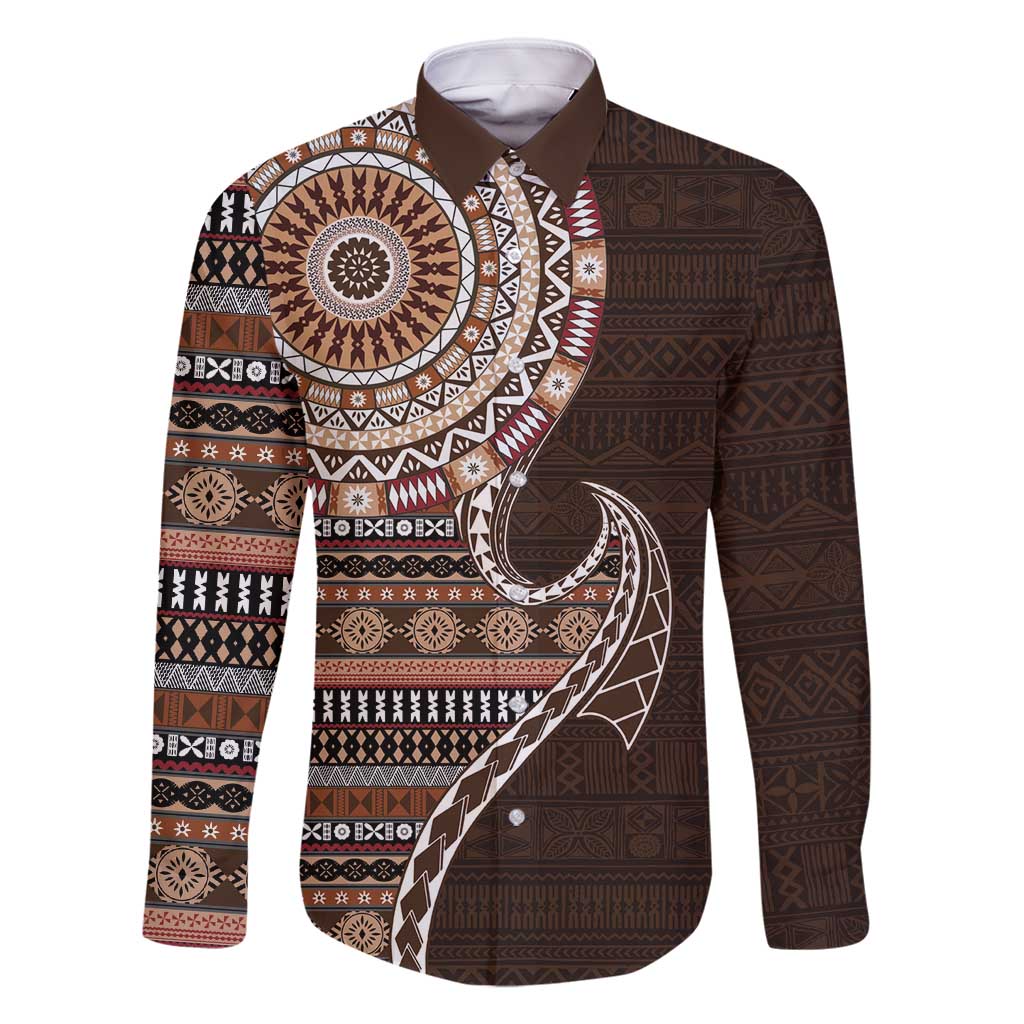 Fijian Masi Tribal Tattoos Art Pattern Family Matching Long Sleeve Bodycon Dress and Hawaiian Shirt Brown Color Half Style - Polynesian Pride