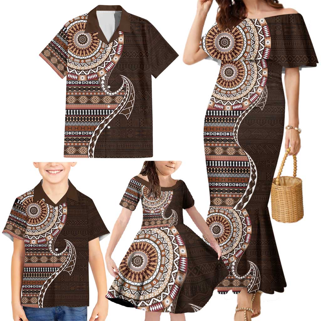 Fijian Masi Tribal Tattoos Art Pattern Family Matching Mermaid Dress and Hawaiian Shirt Brown Color Half Style - Polynesian Pride