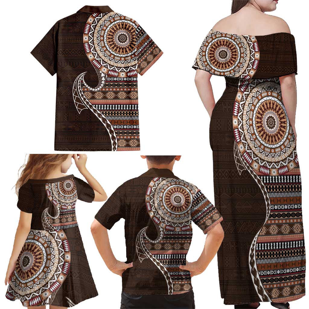 Fijian Masi Tribal Tattoos Art Pattern Family Matching Off Shoulder Maxi Dress and Hawaiian Shirt Brown Color Half Style - Polynesian Pride
