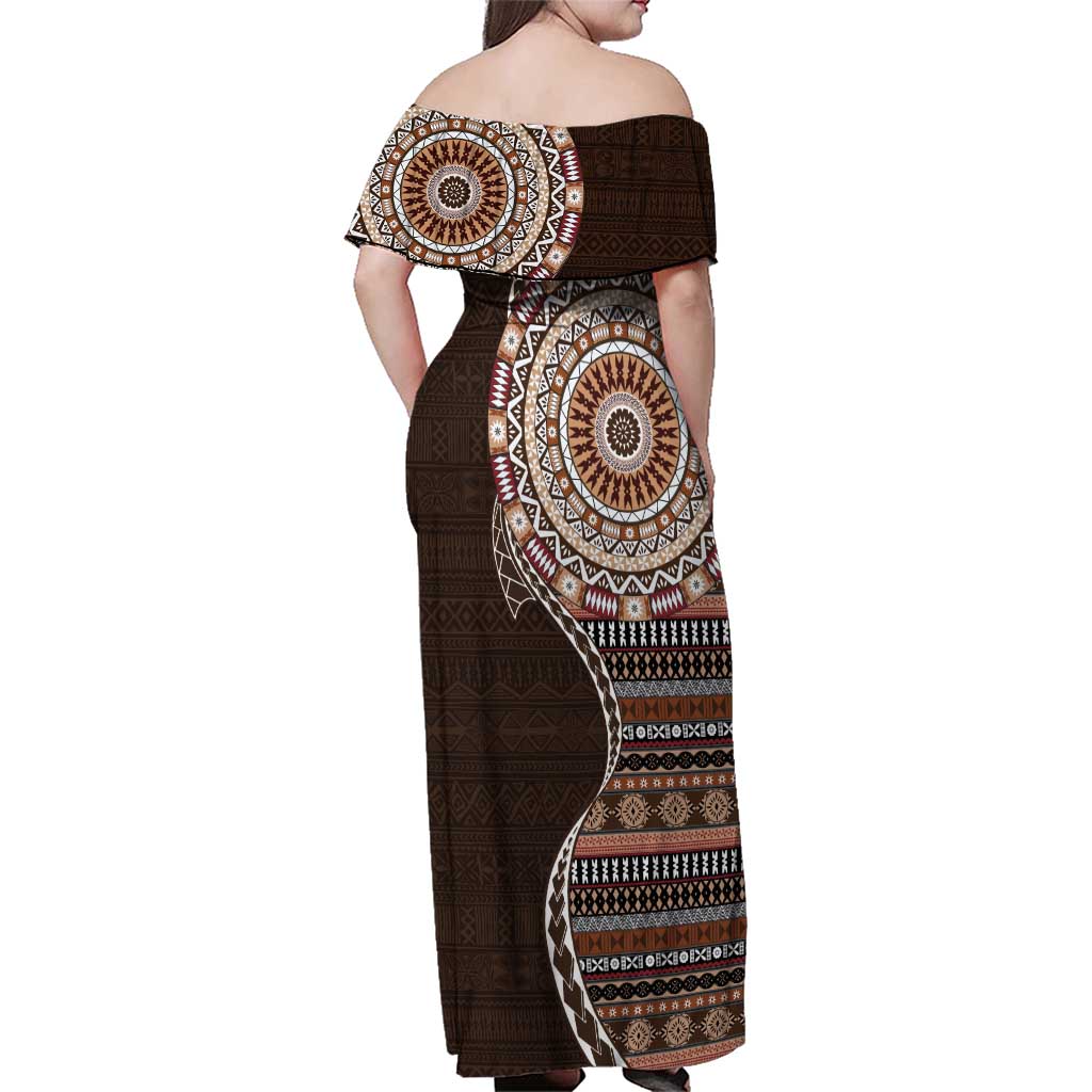 Fijian Masi Tribal Tattoos Art Pattern Family Matching Off Shoulder Maxi Dress and Hawaiian Shirt Brown Color Half Style - Polynesian Pride