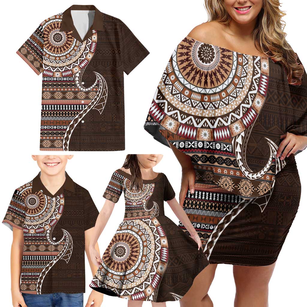 Fijian Masi Tribal Tattoos Art Pattern Family Matching Off Shoulder Short Dress and Hawaiian Shirt Brown Color Half Style - Polynesian Pride