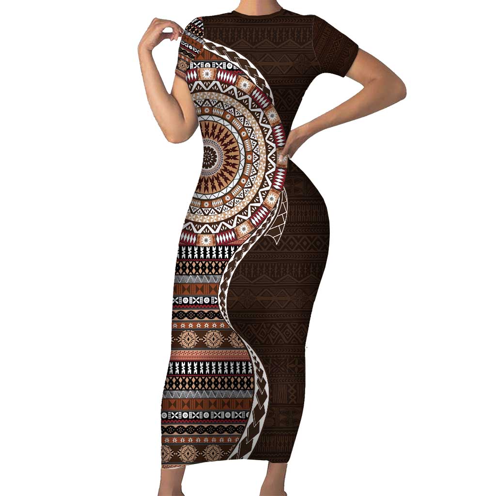 Fijian Masi Tribal Tattoos Art Pattern Family Matching Short Sleeve Bodycon Dress and Hawaiian Shirt Brown Color Half Style - Polynesian Pride