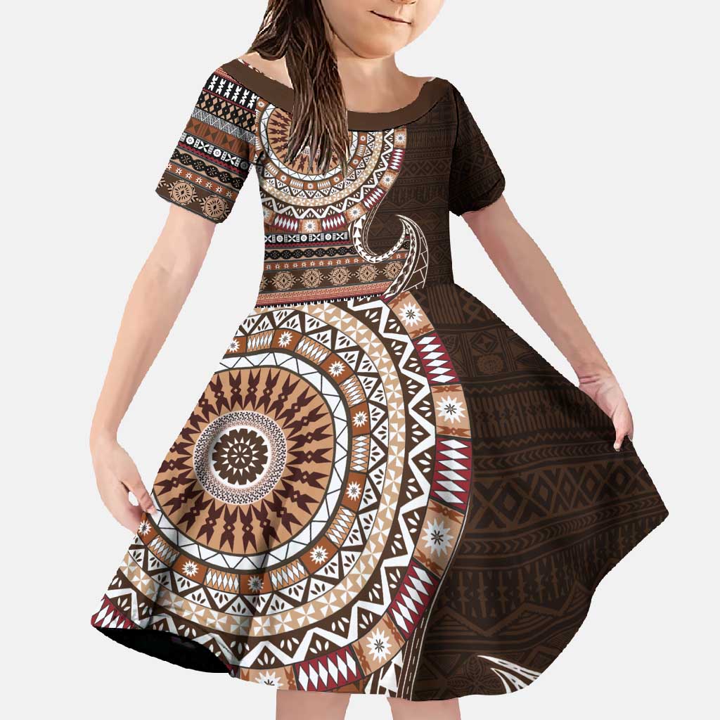 Fijian Masi Tribal Tattoos Art Pattern Family Matching Summer Maxi Dress and Hawaiian Shirt Brown Color Half Style - Polynesian Pride