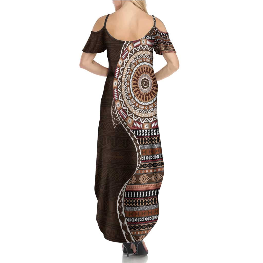 Fijian Masi Tribal Tattoos Art Pattern Family Matching Summer Maxi Dress and Hawaiian Shirt Brown Color Half Style - Polynesian Pride
