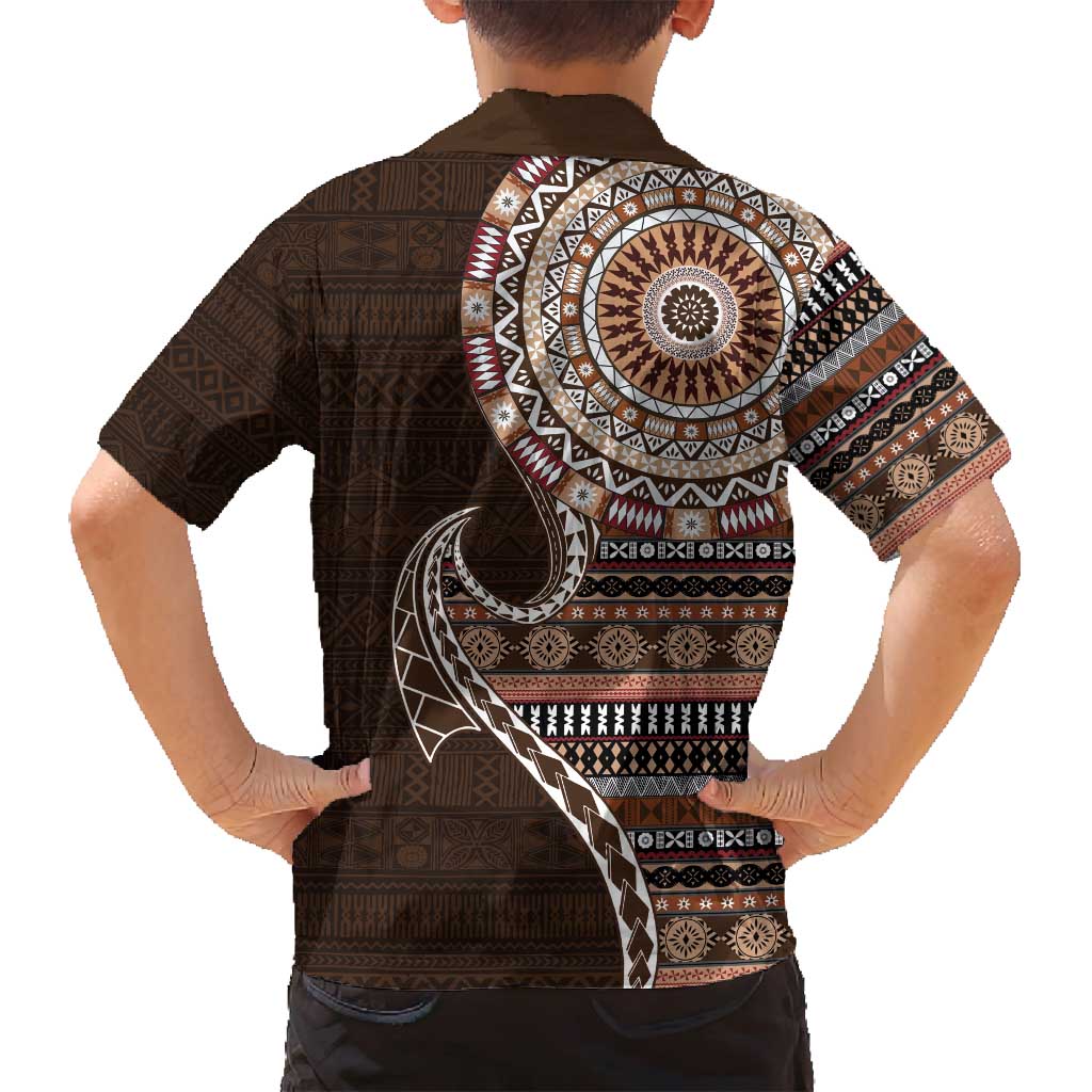 Fijian Masi Tribal Tattoos Art Pattern Family Matching Tank Maxi Dress and Hawaiian Shirt Brown Color Half Style - Polynesian Pride