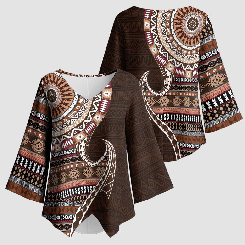 Fijian Masi Tribal Tattoos Art Pattern Kimono Sleeve Blouse Brown Color Half Style - Polynesian Pride