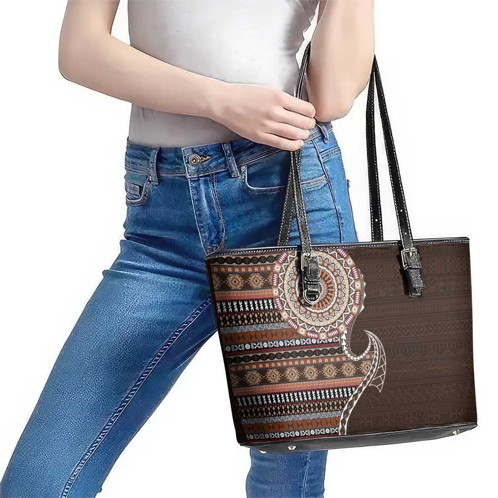 Fijian Masi Tribal Tattoos Art Pattern Leather Tote Bag Brown Color Half Style - Polynesian Pride