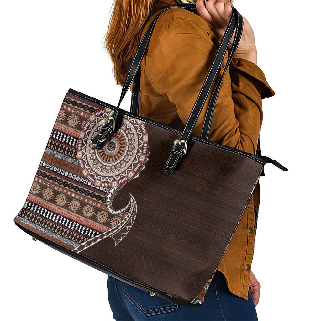 Fijian Masi Tribal Tattoos Art Pattern Leather Tote Bag Brown Color Half Style - Polynesian Pride