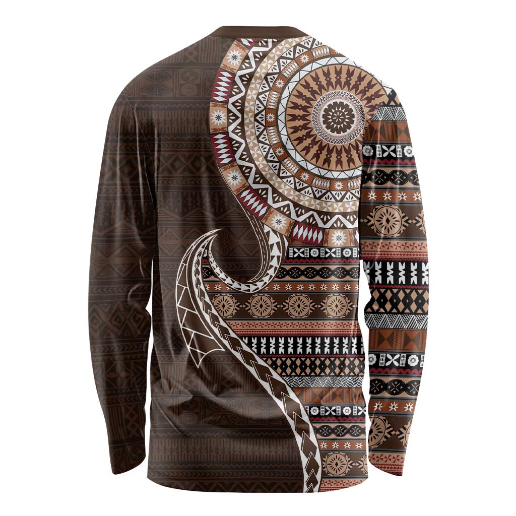 Fijian Masi Tribal Tattoos Art Pattern Long Sleeve Shirt Brown Color Half Style - Polynesian Pride