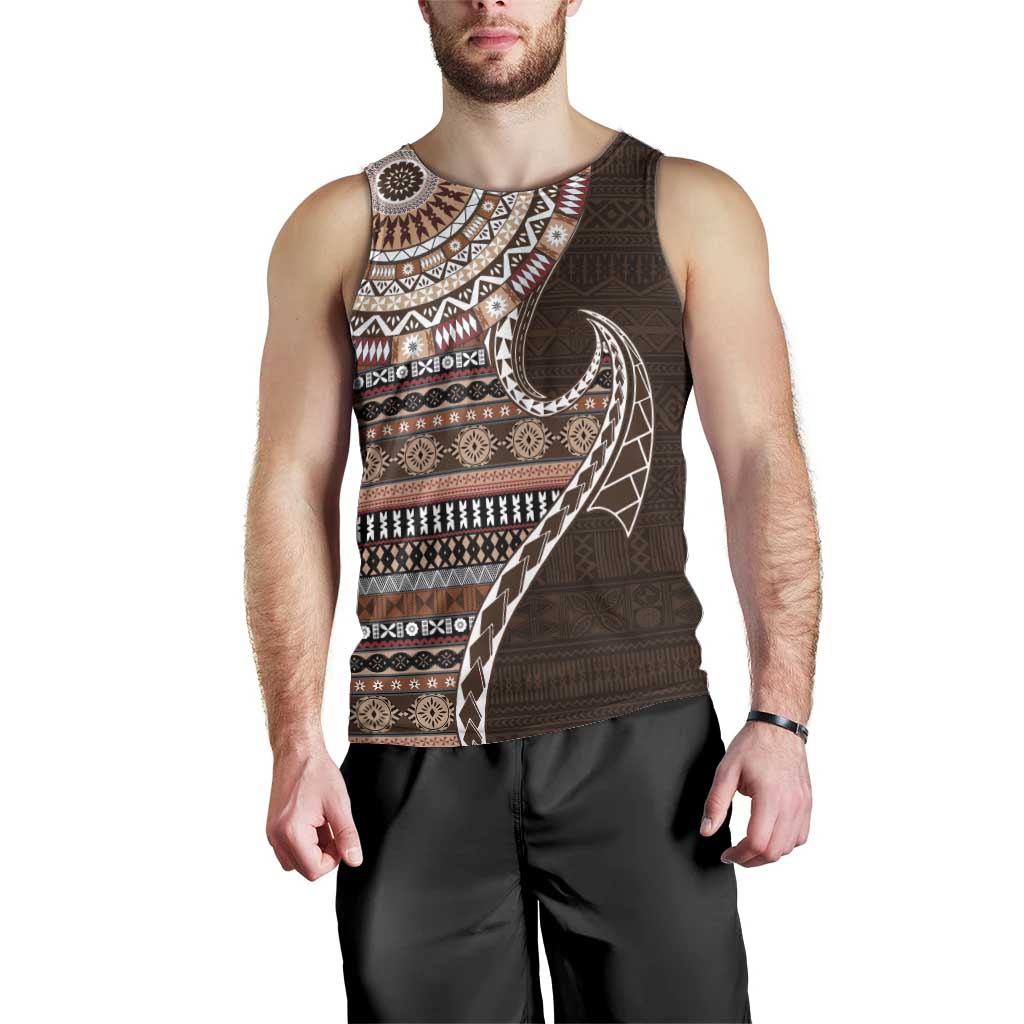 Fijian Masi Tribal Tattoos Art Pattern Men Tank Top Brown Color Half Style - Polynesian Pride