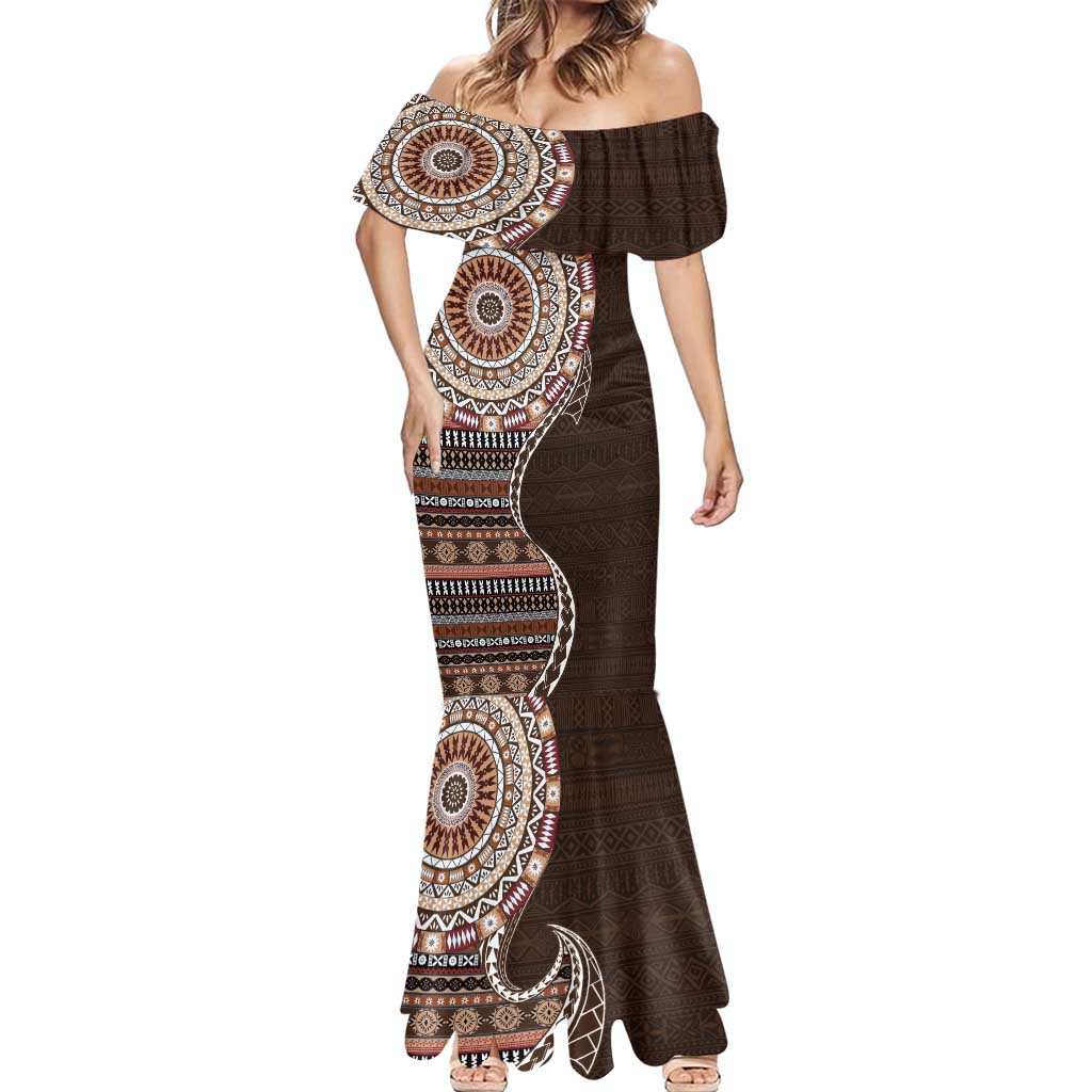 Fijian Masi Tribal Tattoos Art Pattern Mermaid Dress Brown Color Half Style - Polynesian Pride