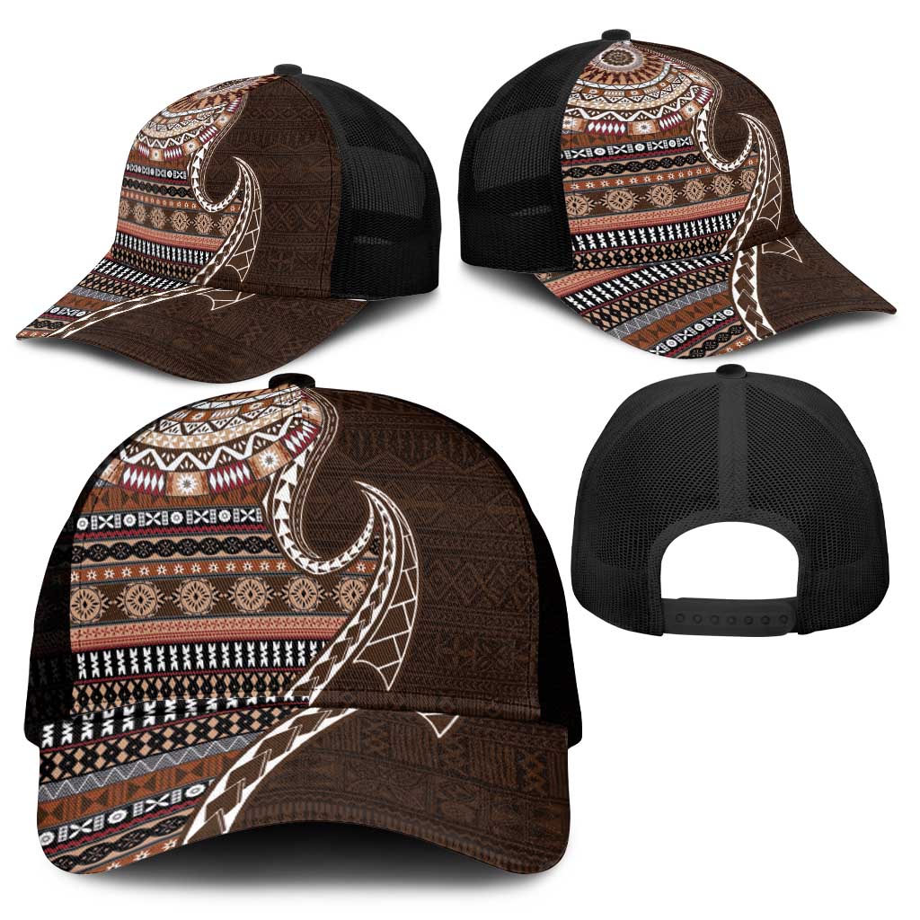 Fijian Masi Tribal Tattoos Art Pattern Mesh Trucker Cap Brown Color Half Style - Polynesian Pride