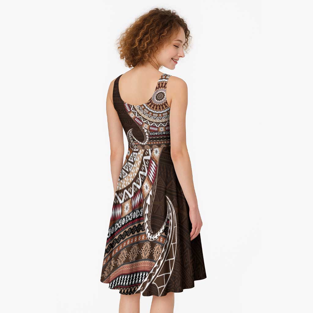 Fijian Masi Tribal Tattoos Art Pattern Midi Dress Brown Color Half Style - Polynesian Pride
