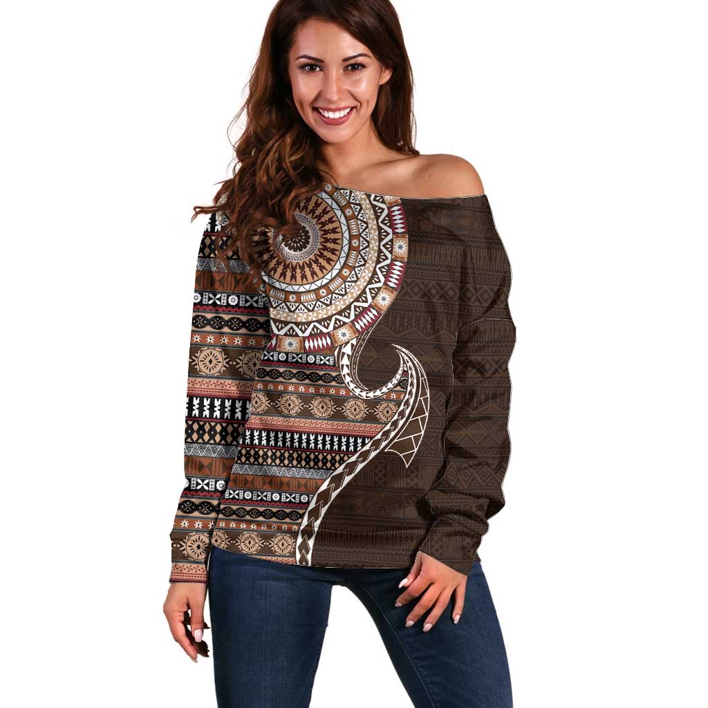 Fijian Masi Tribal Tattoos Art Pattern Off Shoulder Sweater Brown Color Half Style - Polynesian Pride