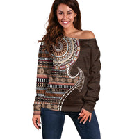 Fijian Masi Tribal Tattoos Art Pattern Off Shoulder Sweater Brown Color Half Style - Polynesian Pride